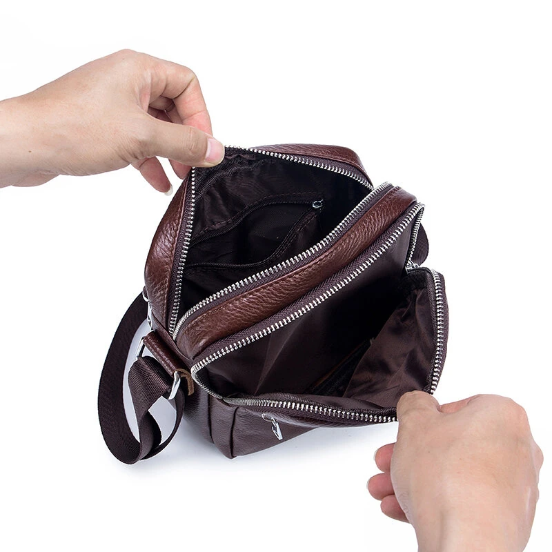 (image for) BULLCAPTAI Genuine Leather Men's Shoulder Bag Cowhide Messenger Bags Fashion Male Causal Small Double Zipper Crossbody Bag Short-distance Compact Mini Travel Bag